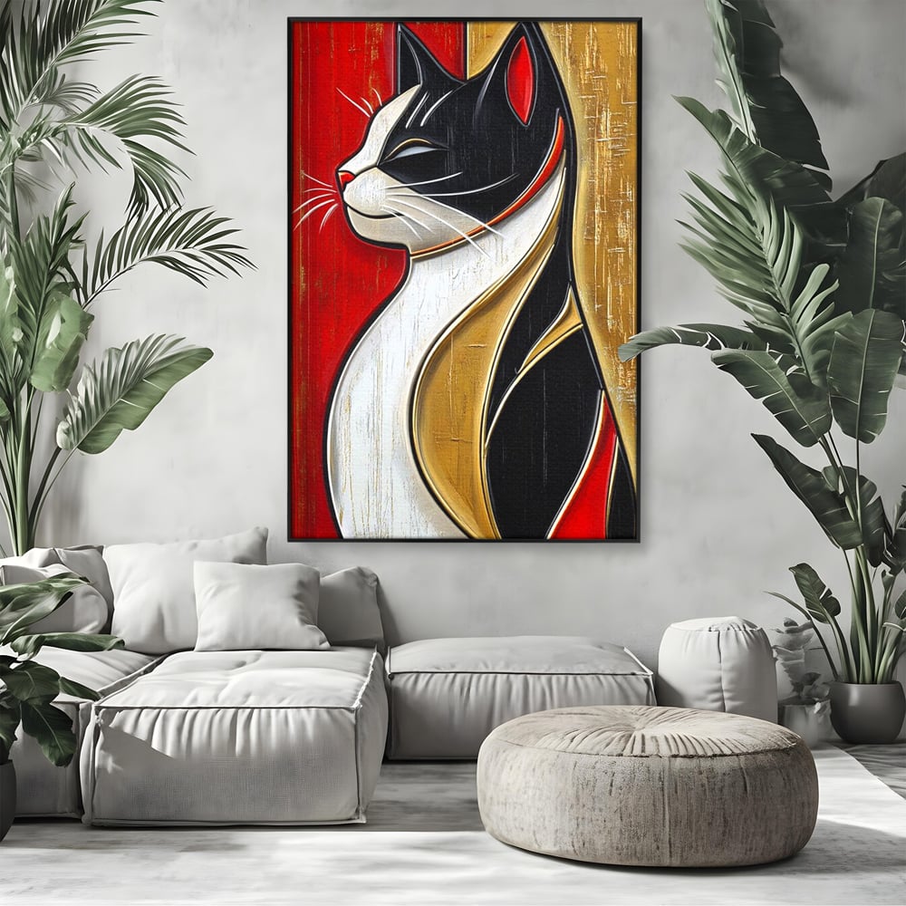 Tablou canvas cu tablou canvas cu pisica in profil, in rama de aluminiu negru, pe perete intr-un living
